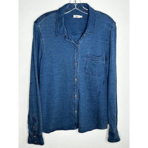 Faherty Shirt Womens L Blue Sunwashed Knit Button Up Pocket Lightweight Casual - Picture 1 of 13